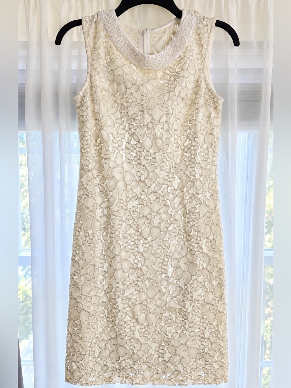 White Floral Lace Sleeveless Dress with Beaded Neckline